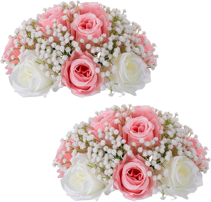 BLOSMON Fake Flowers Ball Wedding Centerpieces 2 Pcs Pink Rose Babys Breath Artificial Flowers Ce... | Amazon (US)