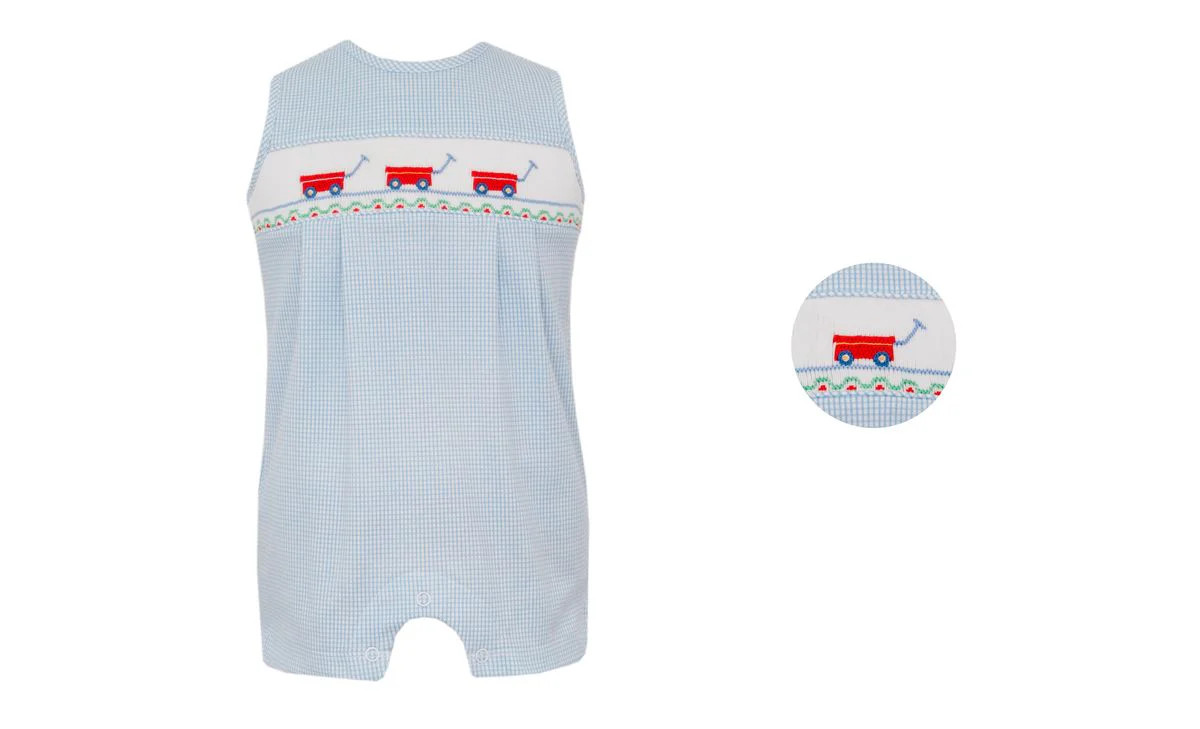 Petit Bebe WAGONS - Blue knit stripe boy's jon jon | Persnickety