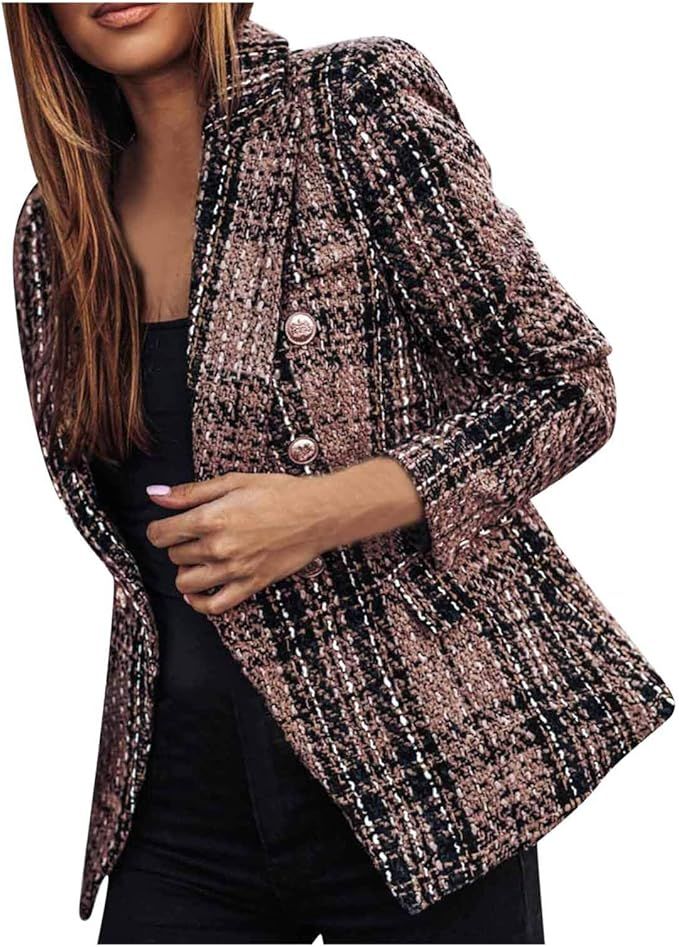 Jackets for Women Lightweight Fashion Casual Blazers Plaid Check Suit Satin Jacket Formal Cardiga... | Amazon (US)