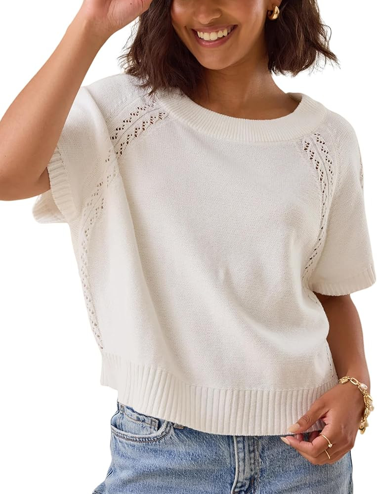 Yeokou Women Knit Crochet Top Crewneck Short Sleeve Boxy Pullover Loose Casual Summer Tee Shirt | Amazon (US)