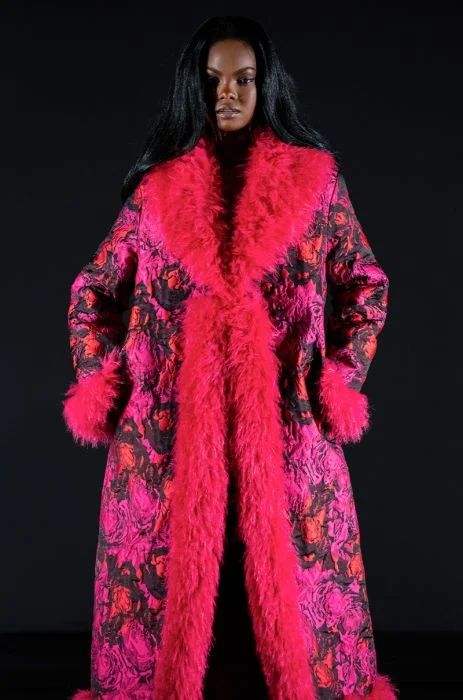 TURN IT UP LONG BROCADE COAT WITH FAUX FUR TRIM IN PINK | AKIRA