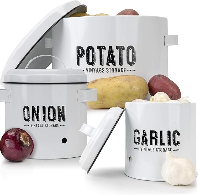 Aesthetic Farmhouse Kitchen Storage Canister Set of 3 - Keeps Potatoes, Onions and Garlic Fresh a... | Amazon (US)