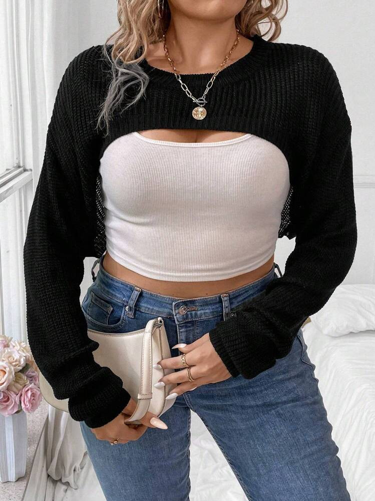 SHEIN Relaxiva Plus Size Women's Spring Asymmetrical Round Neck Loose Casual Short Knitted Top, A... | SHEIN