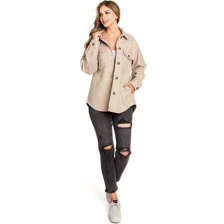 Love Tree Women s Classic Button Down Coat Shacket (Large Oatmeal) | Walmart (US)
