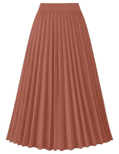 Rorzain Pleated Midi Skirts for Women High Waist Knee Length Skirt,Brown,Large | Amazon (US)