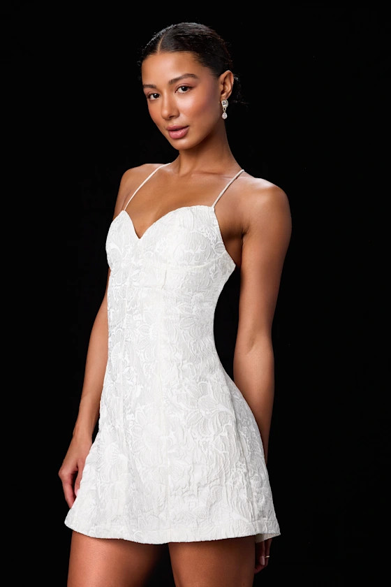 Lucille Ivory Floral Jacquard Lace-Up Mini Dress | Las Vegas outfits | Las Vegas concert  | Lulus