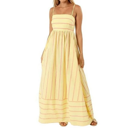 Women S Striped Back Smocked Maxi Dress Spaghetti Strap Cut Out Flowy Swing Long Dress Yellow M | Walmart (US)