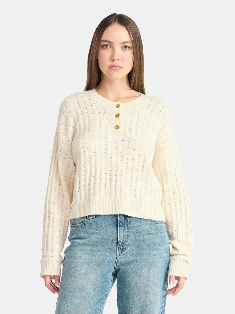 No Boundaries Pointelle Henley Pullover, Women's - Walmart.com | Walmart (US)