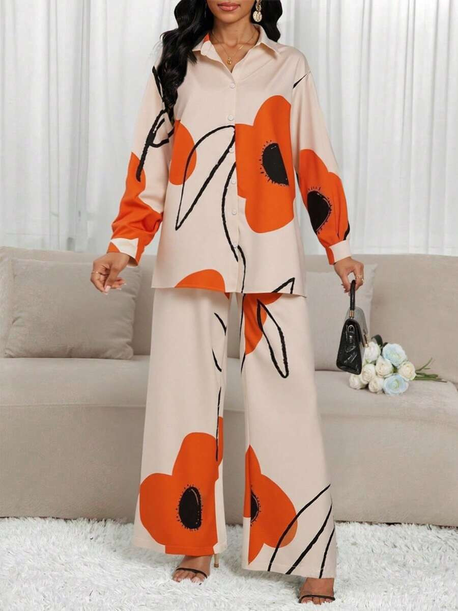 SHEIN Lady 2pcs Women's Autumn Long Sleeve Blouse With Floral Print And Back-To-School Motif Two ... | SHEIN