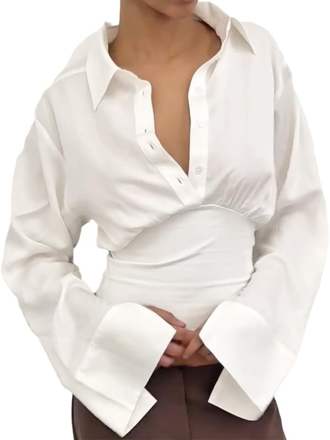 Going Out Tops for Women Button Down Long Sleeve Crop Polo Shirt Cinched Waist Cute Blouse | Amazon (US)