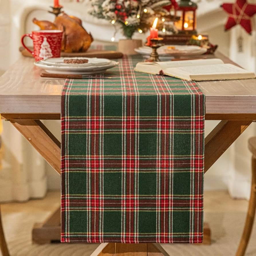 AQOTHES Red Green Plaid Christmas Table Runner 108 inches Long Table Decor | Amazon (US)