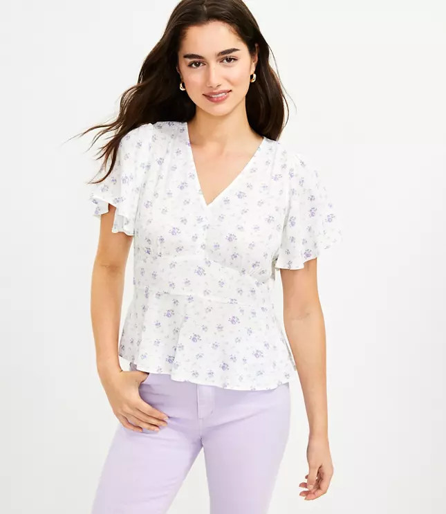 Floral Flutter Sleeve V-Neck Top | LOFT