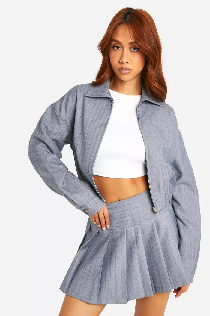 Premium Pinstripe Relaxed Fit Bomber Jacket | boohoo (US & Canada)