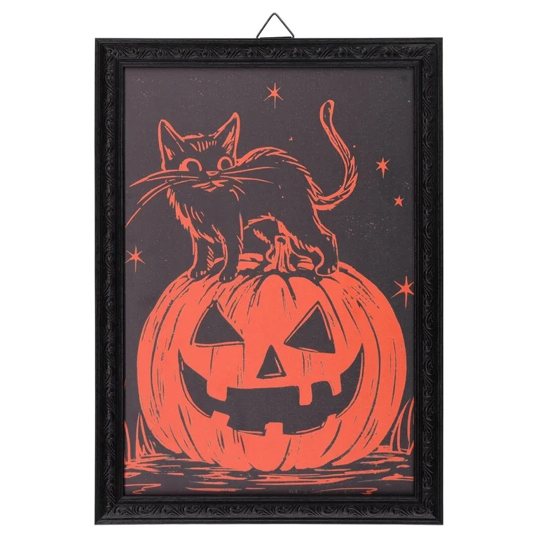 Cat and Jack-o'-Lantern Framed Wall Art, Black and Orange, 10" x 14", Halloween by Way To Celebra... | Walmart (US)