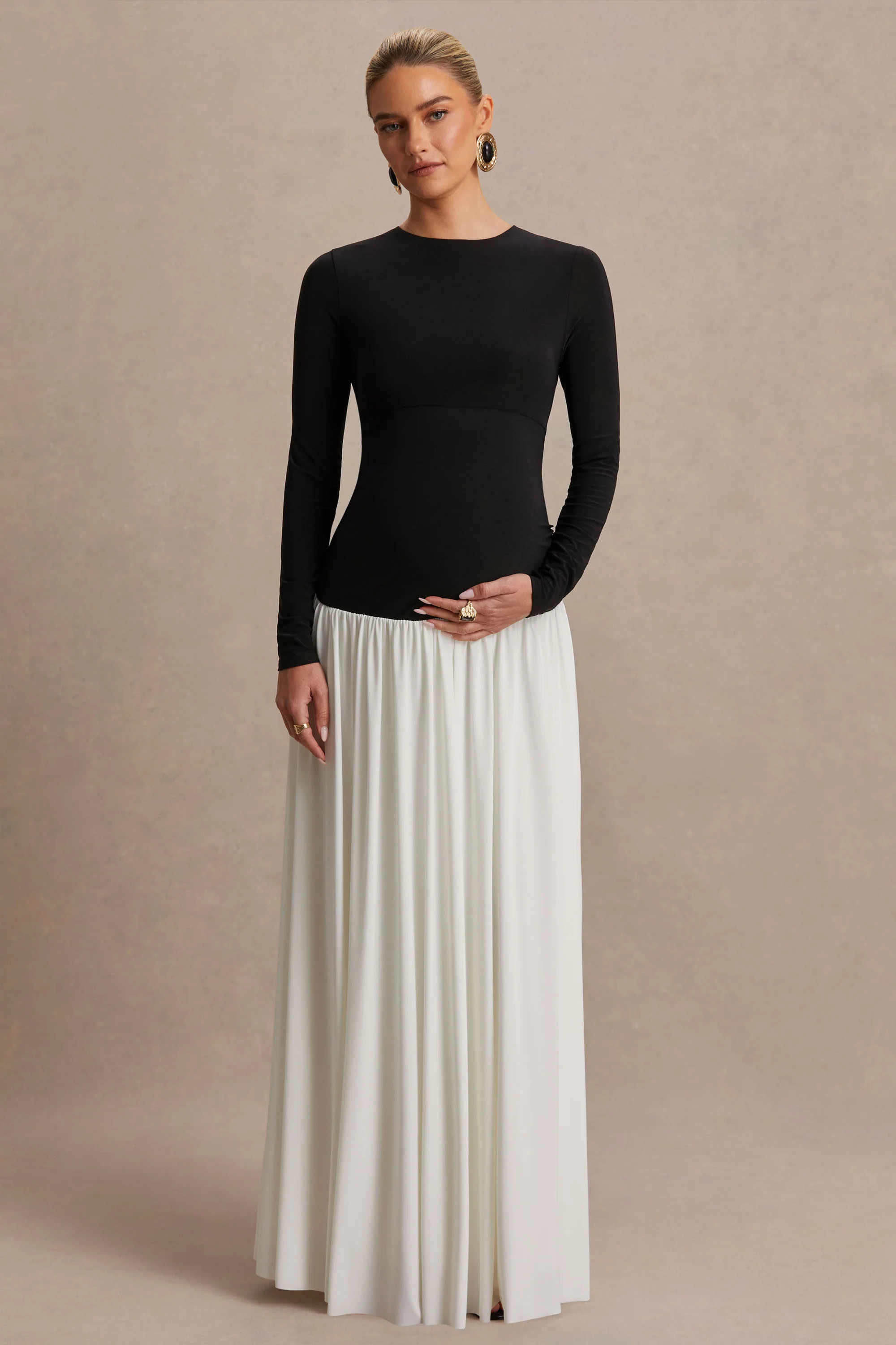 Monroe  Black And White Crew-Neck Maternity Maxi Dress With Drop-Waist | Club L London