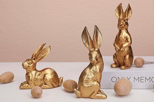 WONDROUS' DECO Resin Bright Gold Easter Bunny Figurines, Small Decorative Easter Bunny Statue Set... | Amazon (US)