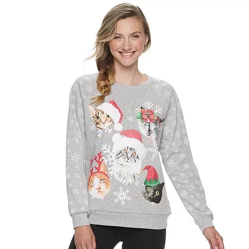 Juniors' Christmas Cat Crew Neck Light Up Graphic Sweatshirt | Kohl's