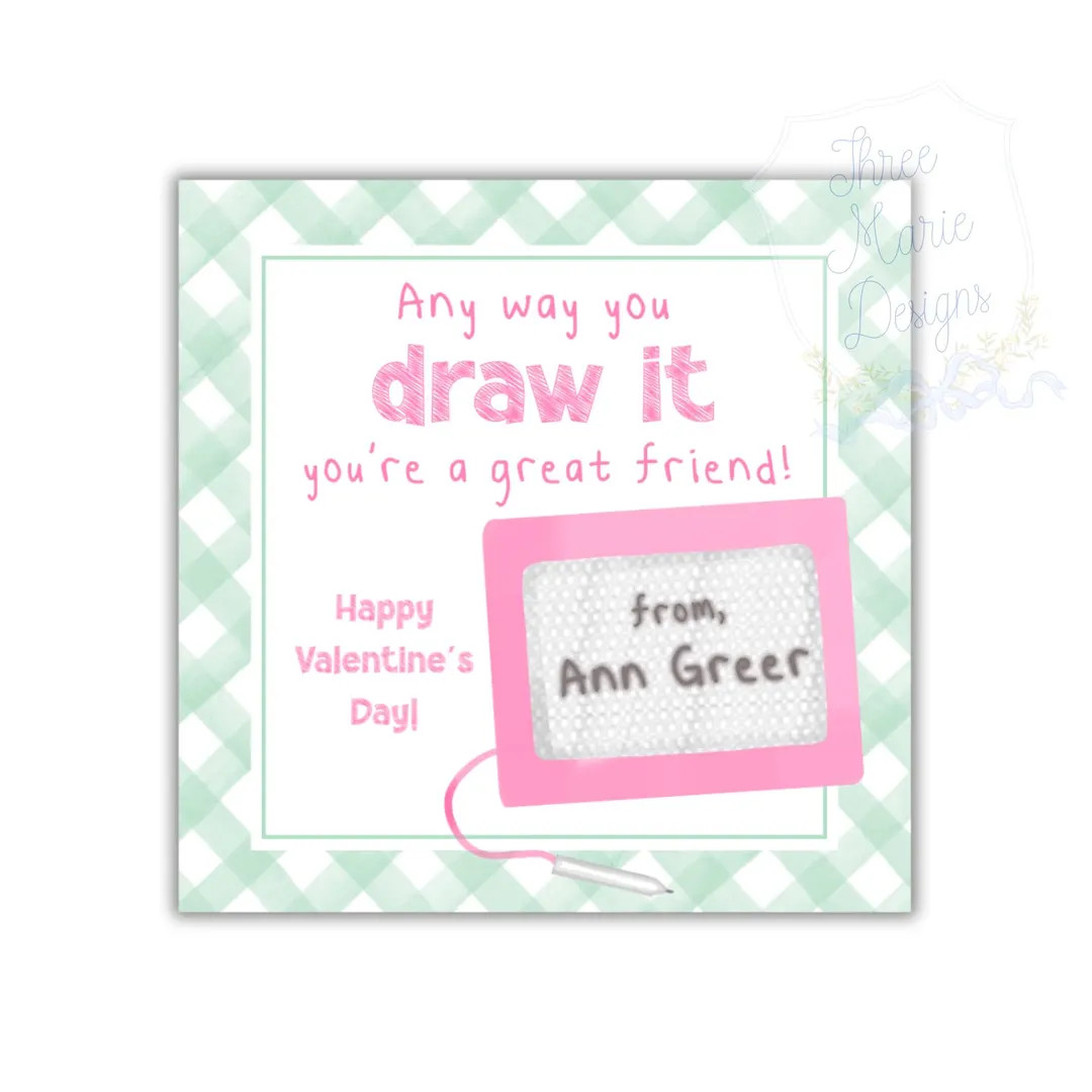 Pink Doodle Board Valentine Tag | 3x3 Editable DIY Valentine Printable | Magnetic Drawing Board S... | Etsy (US)