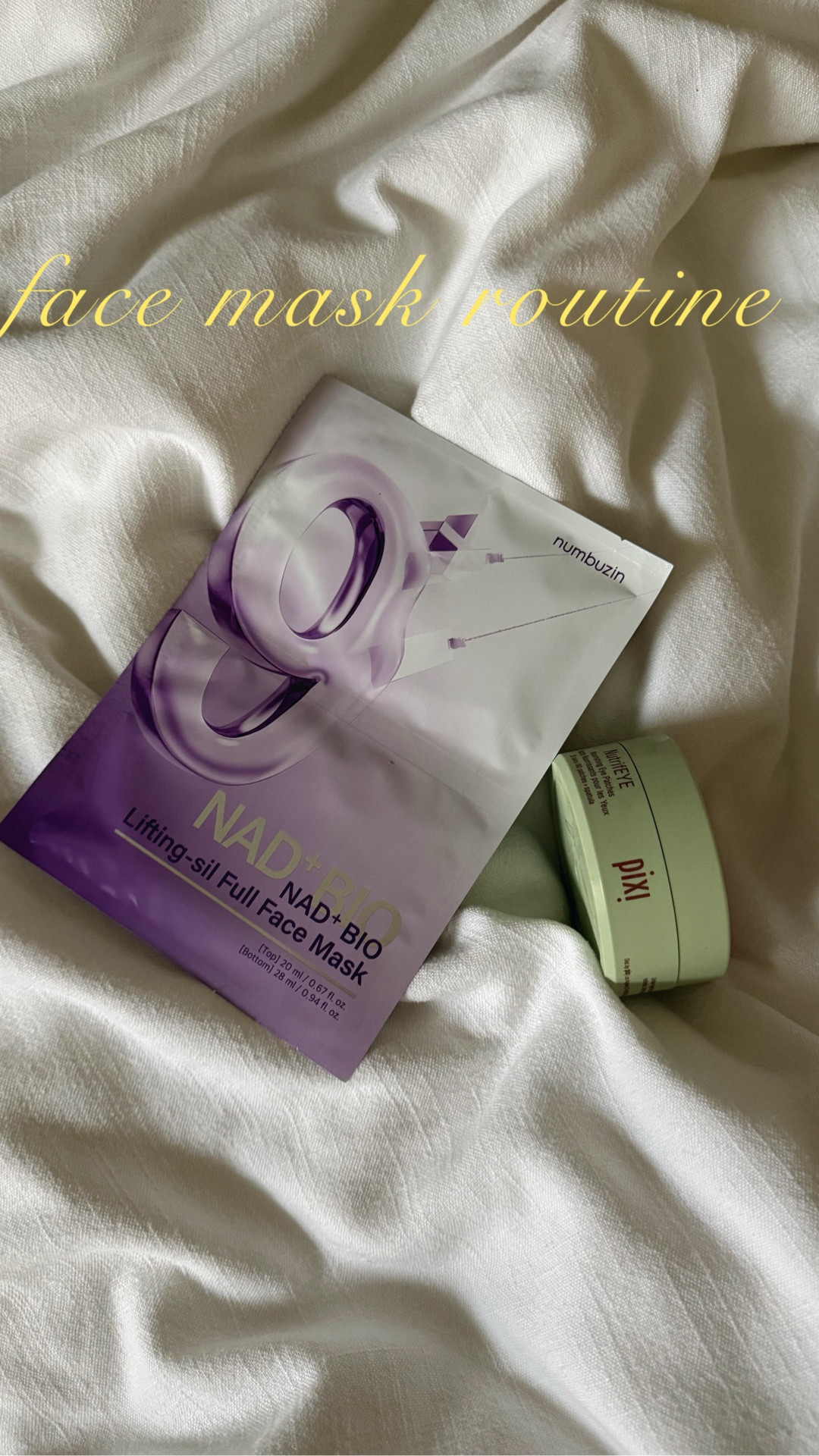 Current favorite face NAD anti aging mask from Amazon. I like to flood my skin with hydration before I apply it. These masks are saturated with a ton of product and loop around the ears so they say on your face Loving using these eye mask with it too! I also use the NAD serum day and night in skincare routine 