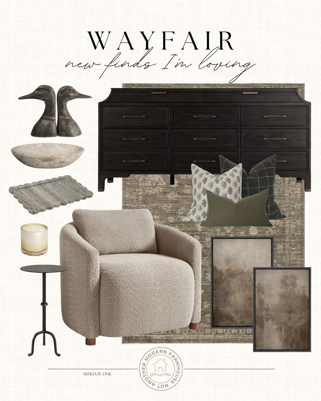 Wayfair finds I’m loving lately. 🤍 Rich tones, cozy textures and timeless pieces that make a space feel elevated.✨

Wayfair home finds, neutral home decor, dark wood furniture, cozy living room decor, timeless home style, classic home aesthetic, modern traditional decor, accent chair styling, dresser decor ideas, neutral rug decor, earthy home tones, elevated home finds, living room refresh ideas, warm home aesthetic. 

 #LTKHome