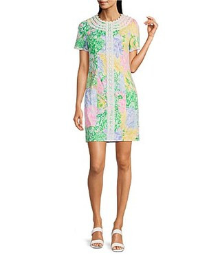 Lilly Pulitzer Mila Bright Delight Patch Print Lace Round Neck Short Sleeve Shift Dress - 12 | Dillard's