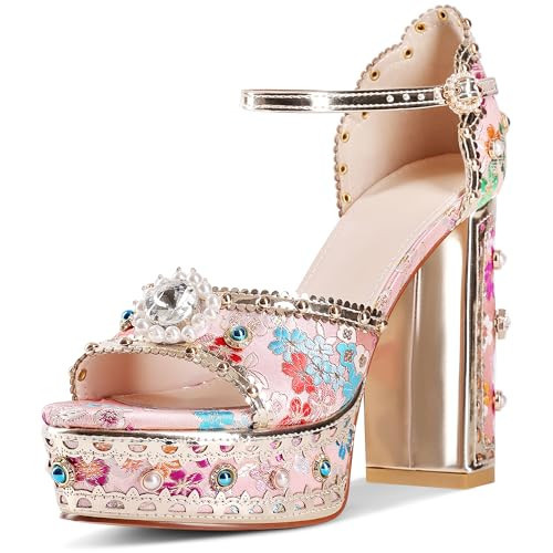 UJPFEO Platform Heels for Women Rhinestone Gemstone Ankle Strap Sexy Open Round Toe Heels Chunky Block High Heels Sandals Dressy Party Wedding Prom Shoes | Amazon (US)
