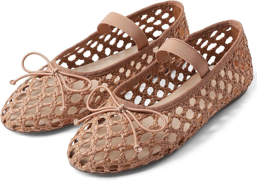 AMINUGAL Raffia Ballet Flats Shoes for Women Dressy Comfortable Woven Straw Women's Flat with Ela... | Amazon (US)