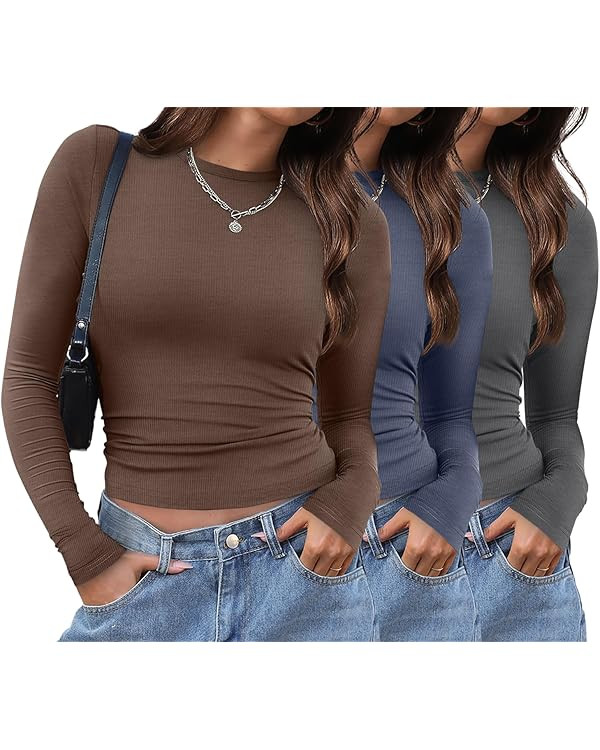 XIEERDUO Women's Long Sleeve Crew Neck Slim Fit T Shirts 2024 Y2k Clothes Basic Going Out Tops 3 ... | Amazon (US)