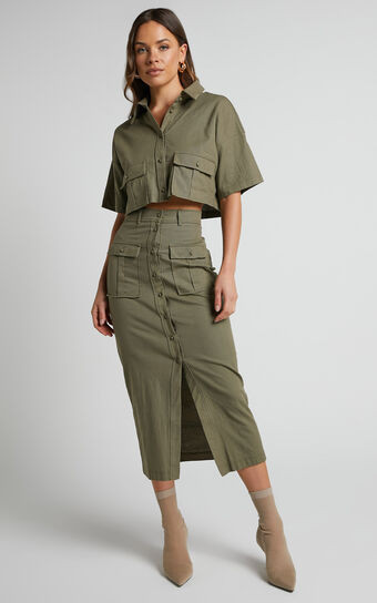 Davina Two Piece Set - Button Front Top and Midi Skirt Two Piece Set in Khaki | Showpo (US, UK & Europe)