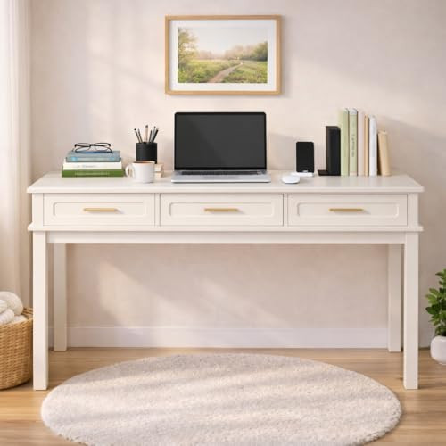 Virubi Cream White Vanity Desk with 3 Drawers, Makeup Table/Writing Desk, Modern Dressing Table for Bedroom, 47.24" Wide, No Mirror Included | Amazon (US)