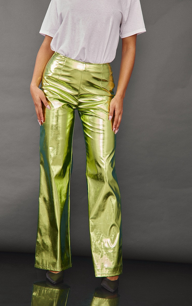 Lime Metallic Faux Leather Straight Leg Pants | PrettyLittleThing US