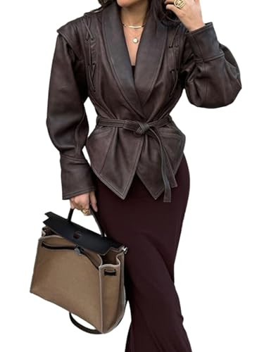 VOIKERDR Leather Jacket Women Vintage Oversized Brown Leather Jacket Top with Belt Fall Outfits f... | Amazon (US)