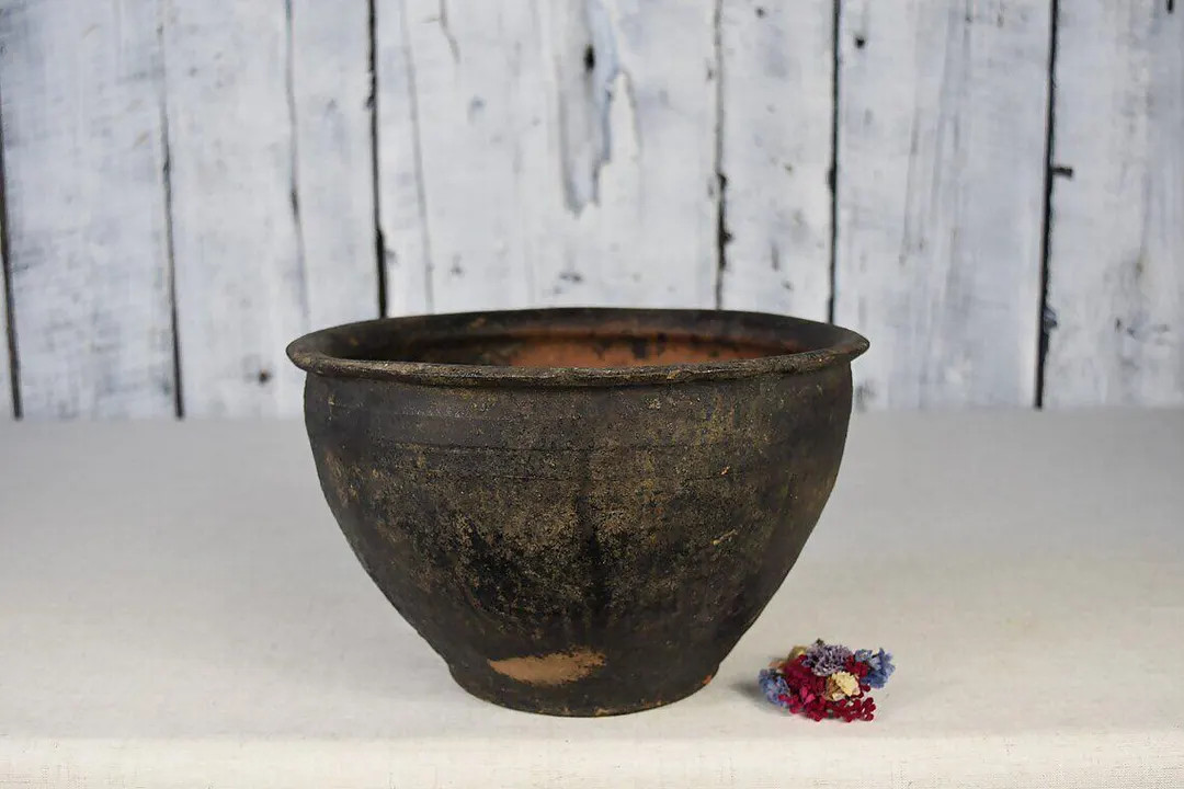 Vintage Clay Pot / Rustic Clay Vase / Wabi-sabi Decorative Pottery Bowl / Handmade Ceramic Flower... | Etsy (US)