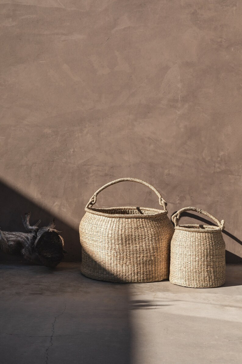 Large Floor Bucket Basket with Handle | Storage Basket | Handwoven Natural Seagrass Basket | Coil... | Etsy (US)