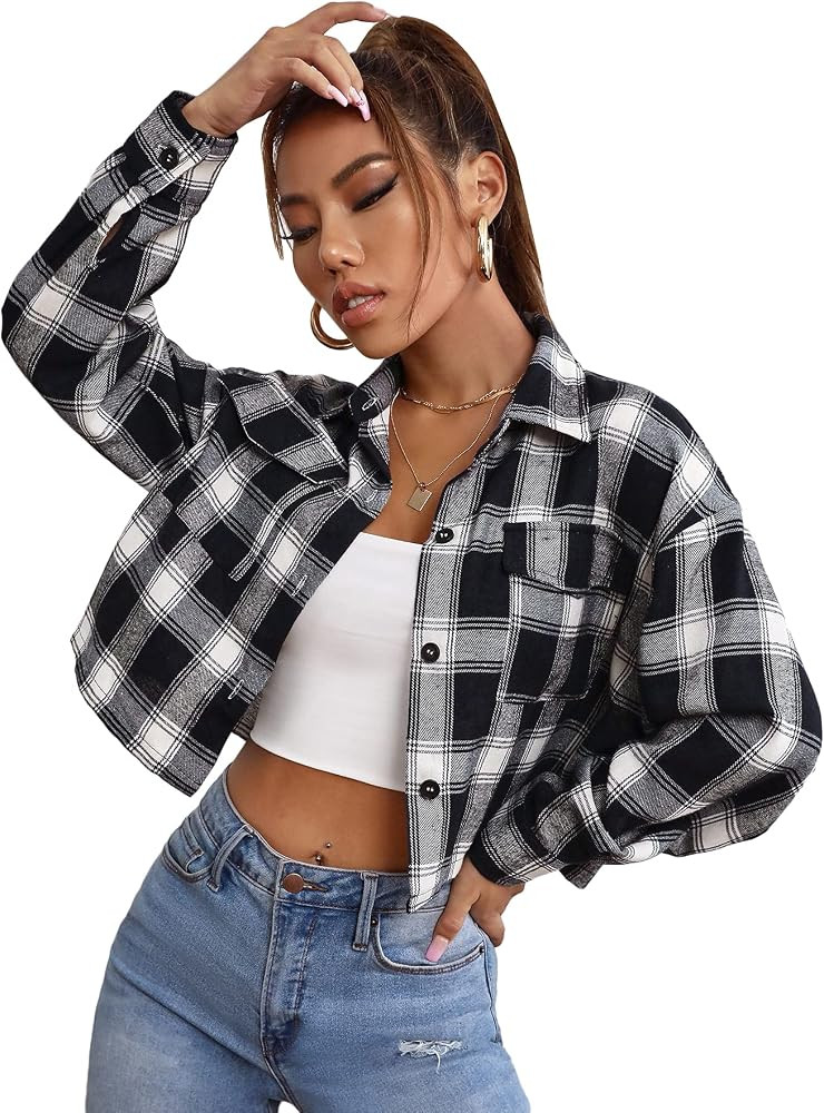 MakeMeChic Women's Casual Long Sleeve Button Down Plaid Crop Jacket Outerwear | Amazon (US)