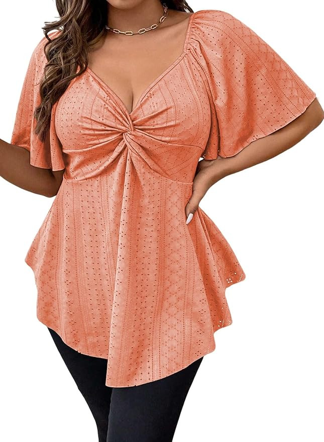 Eytino Womens Plus Size Tops Twist Front V Neck Short Sleeve Eyelet Embroidery Summer Loose Blous... | Amazon (US)