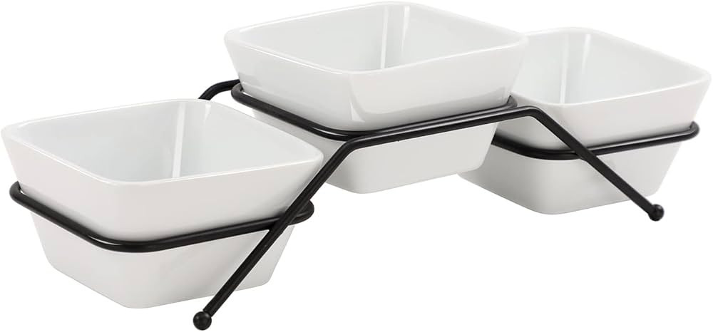 Buyajuju 3 pcs square bowl Porcelain Chip & Dip Serving Set with Black Metal Stand, 4.5inch White... | Amazon (US)