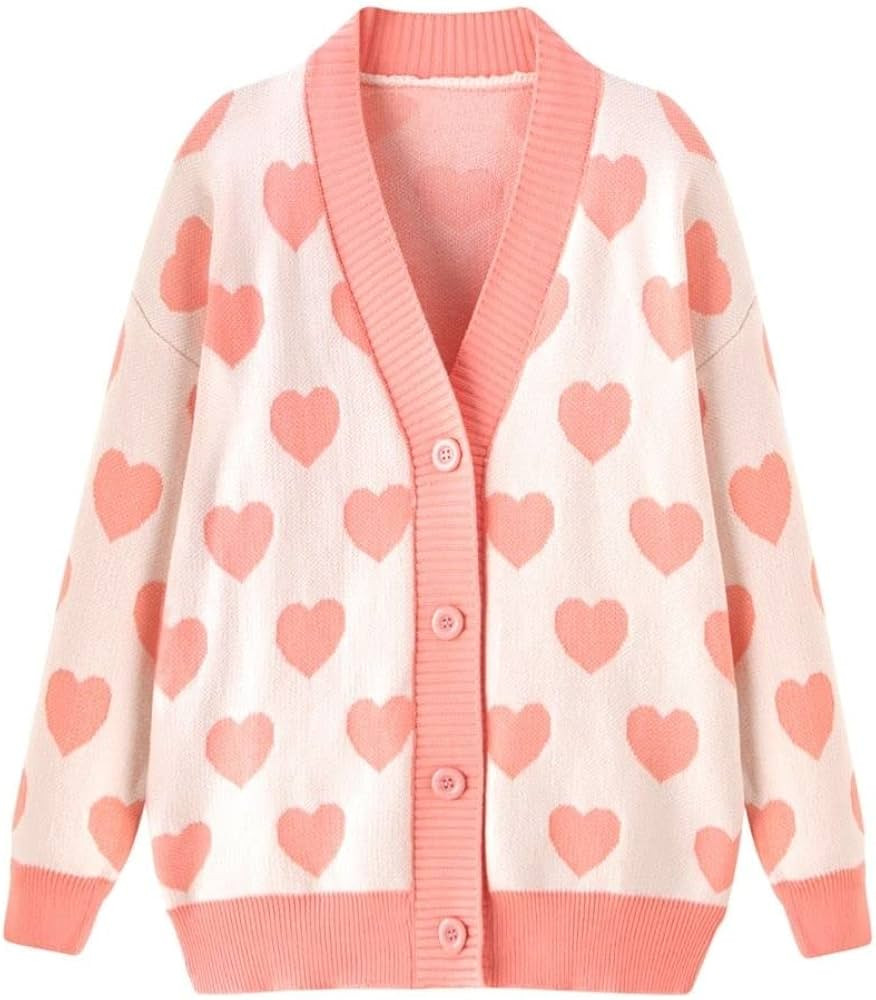 FindThy Women's Cute Cardigan Sweater Kawaii Love Heart Print Y2K Button Knitted Outerwear | Amazon (US)