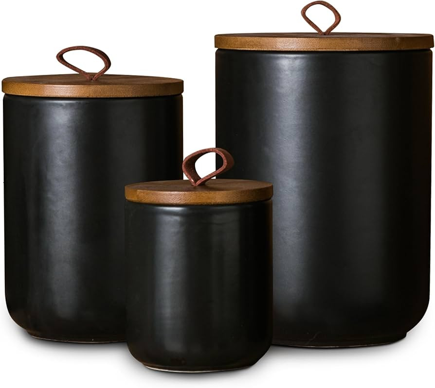 Black Ceramic Canister Set with Wooden Lid, 3-Piece Airtight Food Storage Jars for Kitchen Counte... | Amazon (US)