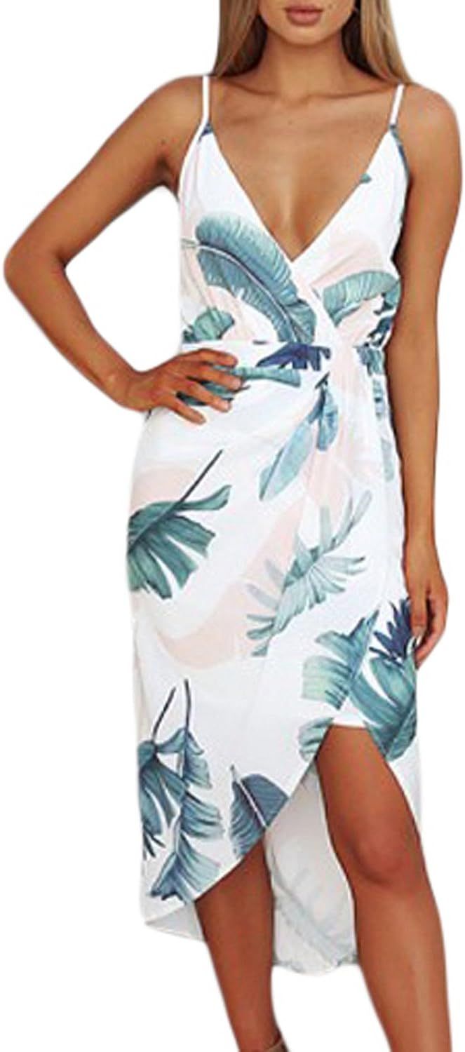 Dearlove Women's Casual Wrap V Neck Spaghetti Strap Floral Split Beach Dress | Amazon (US)