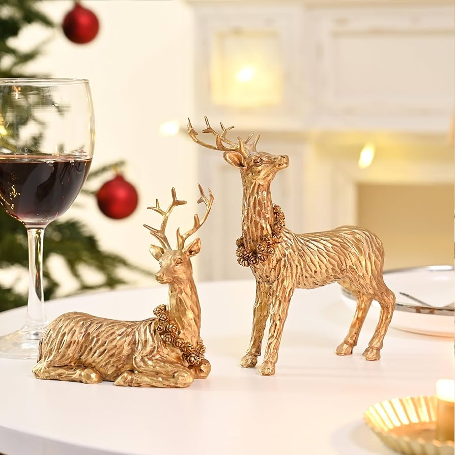 Gold Reindeer Christmas Decoration, 2Pcs Small Christmas Reindeer Figurines Indoor, Tabletop Rein... | Amazon (US)