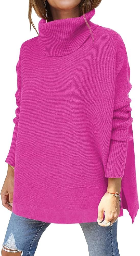 EFAN Women's Turtleneck Oversized Sweaters Long Sleeve Spilt Hem Casual Asymmetric Pullover Knit ... | Amazon (US)