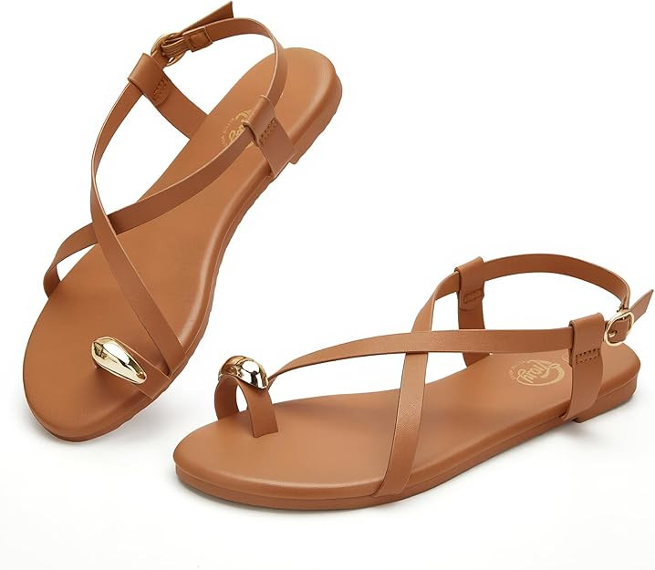 Trary Women's Flat Sandals with Adjustable Buckle, Cross Strap Strappy Sandals Summer Casual Comf... | Amazon (US)