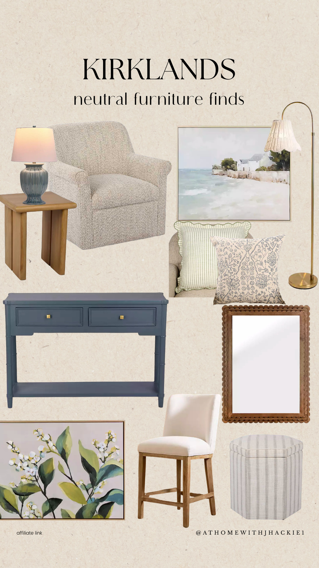 Kirklands furniture finds, neutral living room furniture, affordable accent chairs, navy console table, neutral home decor finds, woven frame mirror, brass floor lamp, coastal wall art, throw pillows neutral tones, wood side table, modern farmhouse furniture, kirklands home decor, classic neutral styling, affordable home refresh ideas 

 

#LTKHome