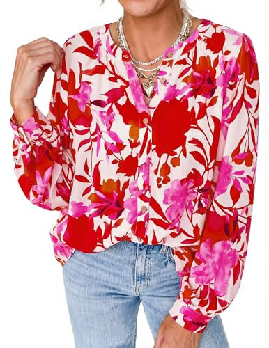 PRETTYGARDEN Women's Floral Button Down Blouse 2026 Fall Fashion Dressy Casual Long Sleeve Shirts Spring Top Boho Clothes (Floral White Rose Red,Medium) | Amazon (US)