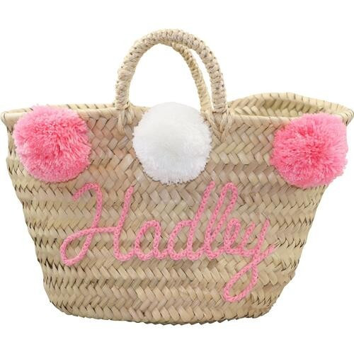 Handmade Straw Custom Easter Basket / Beach Tote With Pom Poms (Name Included) - Shipping Early A... | Cecil and Lou