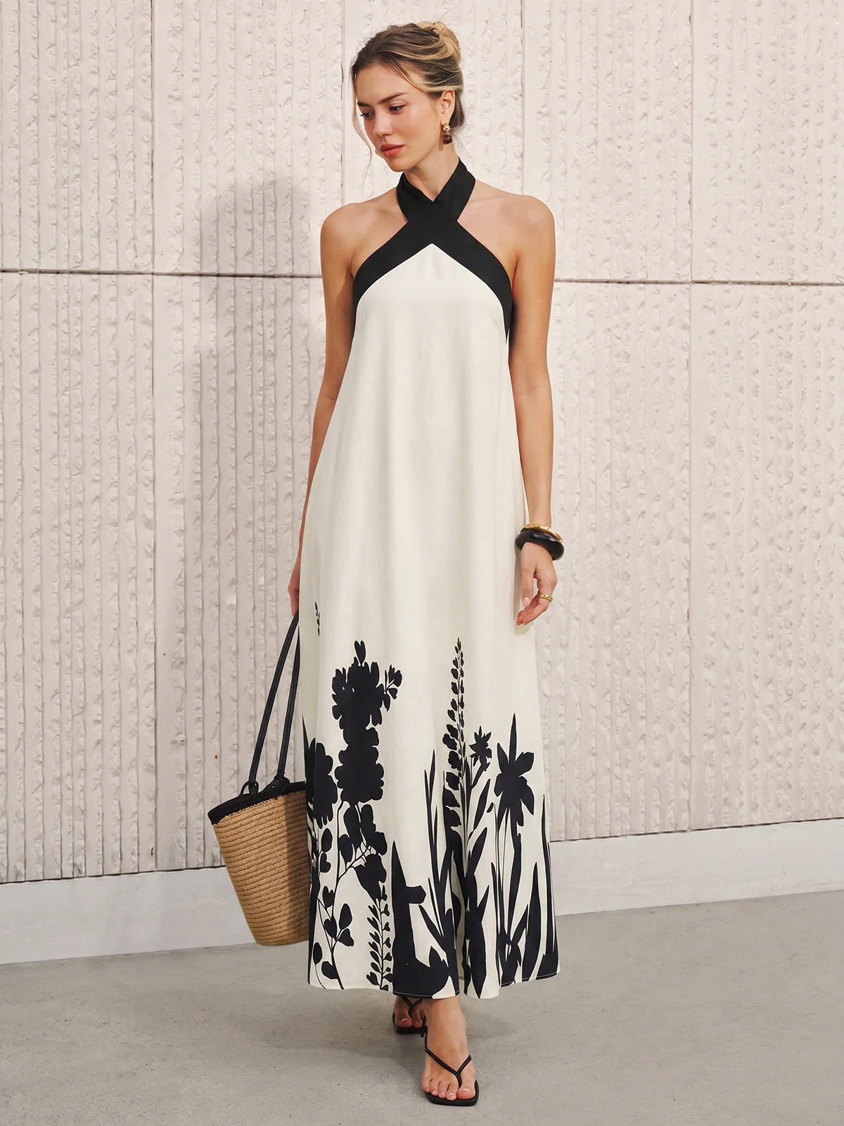 Halter Neck Floral Print Midi Dress | Commense