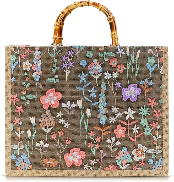 Tote Bag, Sackcloth Handbags for Women, Embroidery Beach Bags, Natural Bamboo Handle, Bohemian Ha... | Amazon (US)