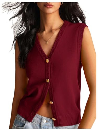 BEAUDRM Women's V Neck Sweater Vest Button Down Sleeveless Vest Cardigan Casual Knit Vest Burgundy Small | Amazon (US)