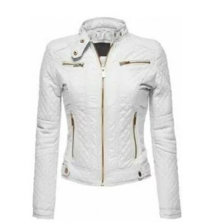 Women s Winter Warm Quilted Padding Moto Leather Jacket - White And Gold Racer Leather Jacket SouthB | Walmart (US)